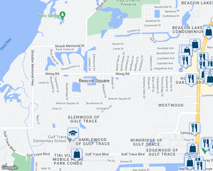 map of restaurants, bars, coffee shops, grocery stores, and more near 3355 Devonshire Drive in Holiday