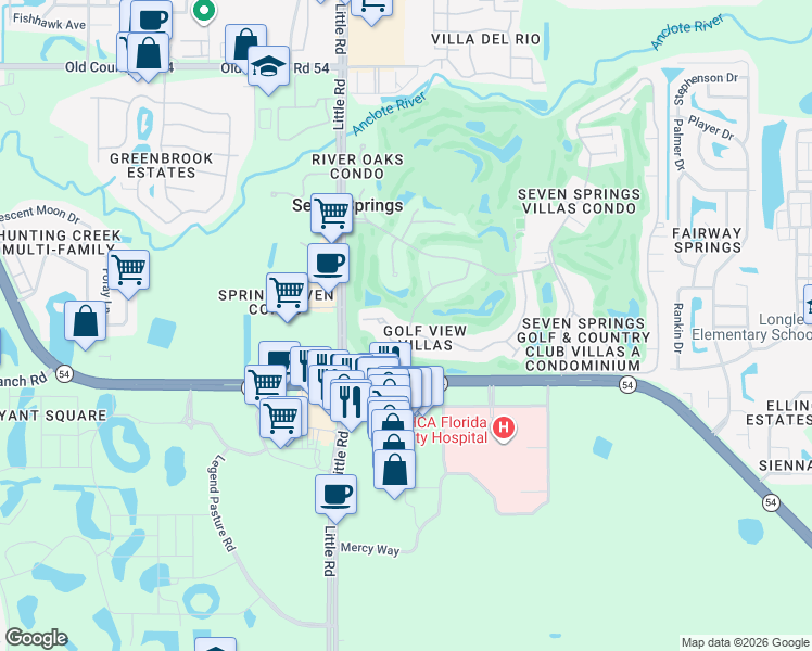map of restaurants, bars, coffee shops, grocery stores, and more near 3227 Lori Lane in New Port Richey