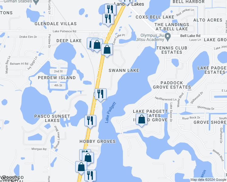 map of restaurants, bars, coffee shops, grocery stores, and more near 3522 Swans Landing Drive in Land O' Lakes
