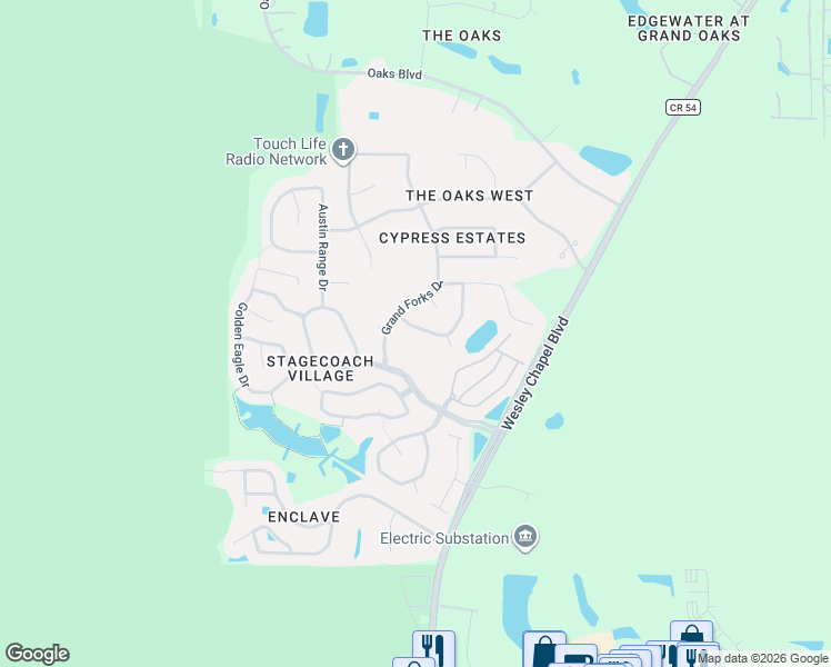 map of restaurants, bars, coffee shops, grocery stores, and more near 25150 Conestoga Drive in Pasco County