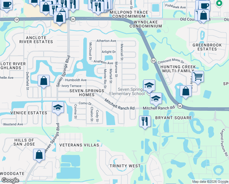 map of restaurants, bars, coffee shops, grocery stores, and more near 3336 Murrow Street in New Port Richey