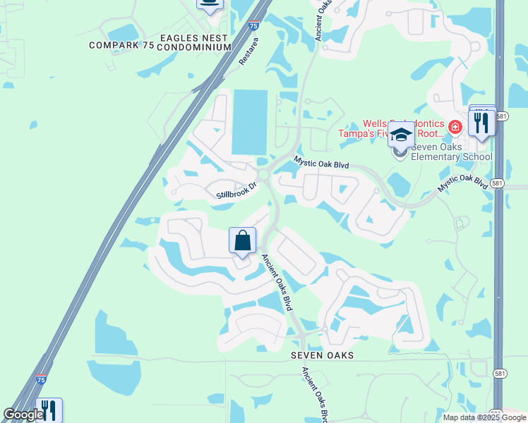 map of restaurants, bars, coffee shops, grocery stores, and more near 3454 Loggerhead Way in Wesley Chapel