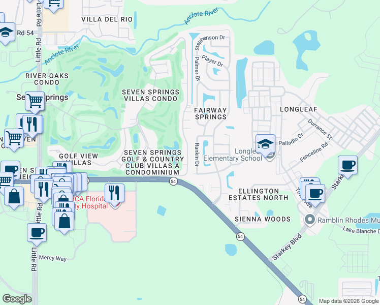 map of restaurants, bars, coffee shops, grocery stores, and more near 3317 Rankin Drive in New Port Richey