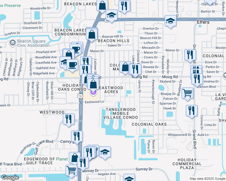 map of restaurants, bars, coffee shops, grocery stores, and more near 3343 Monticello Street in Holiday