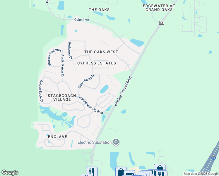 map of restaurants, bars, coffee shops, grocery stores, and more near 25401 Saddlehorn Way in Land O' Lakes