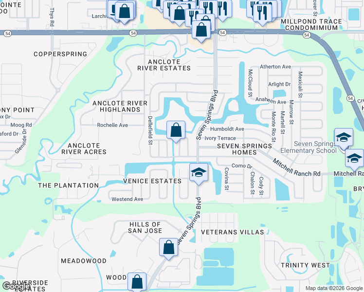 map of restaurants, bars, coffee shops, grocery stores, and more near 3499 Van Nuys Loop in New Port Richey