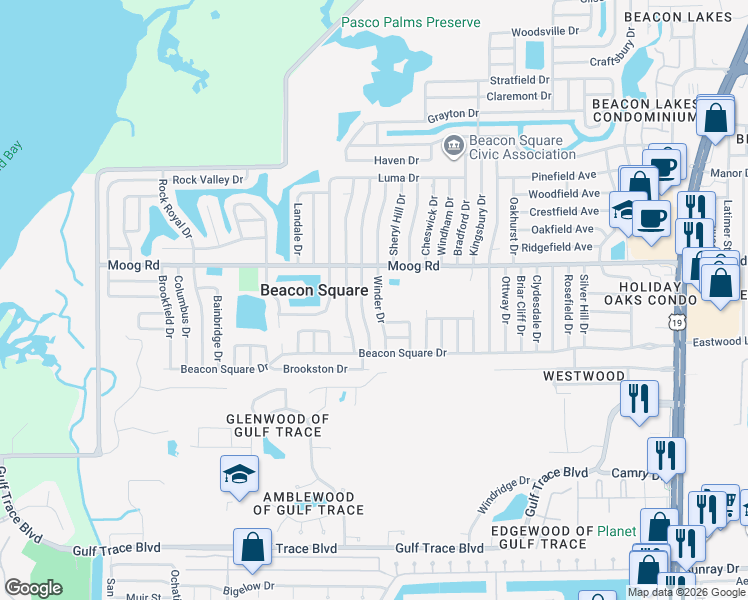 map of restaurants, bars, coffee shops, grocery stores, and more near 3407 Winder Drive in Holiday