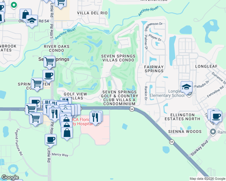 map of restaurants, bars, coffee shops, grocery stores, and more near 3443 Trophy Boulevard in New Port Richey