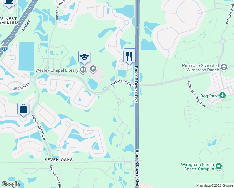 map of restaurants, bars, coffee shops, grocery stores, and more near 3538 Watermark Drive in Wesley Chapel