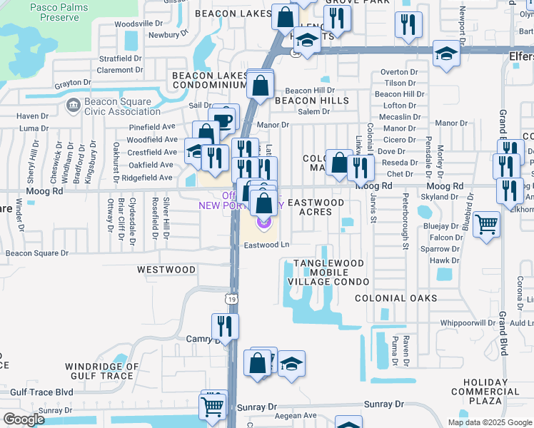 map of restaurants, bars, coffee shops, grocery stores, and more near 3427 Cantrell Street in Holiday