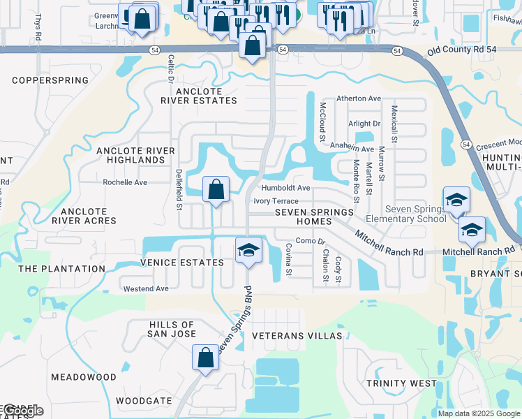 map of restaurants, bars, coffee shops, grocery stores, and more near 7317 Ivory Terrace in New Port Richey