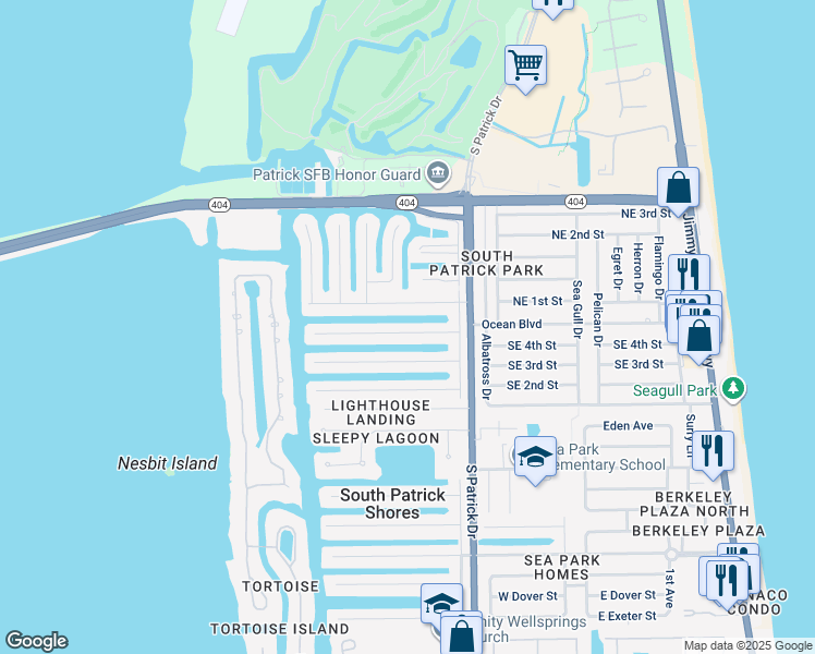 map of restaurants, bars, coffee shops, grocery stores, and more near 431 Sandpiper Drive in Satellite Beach