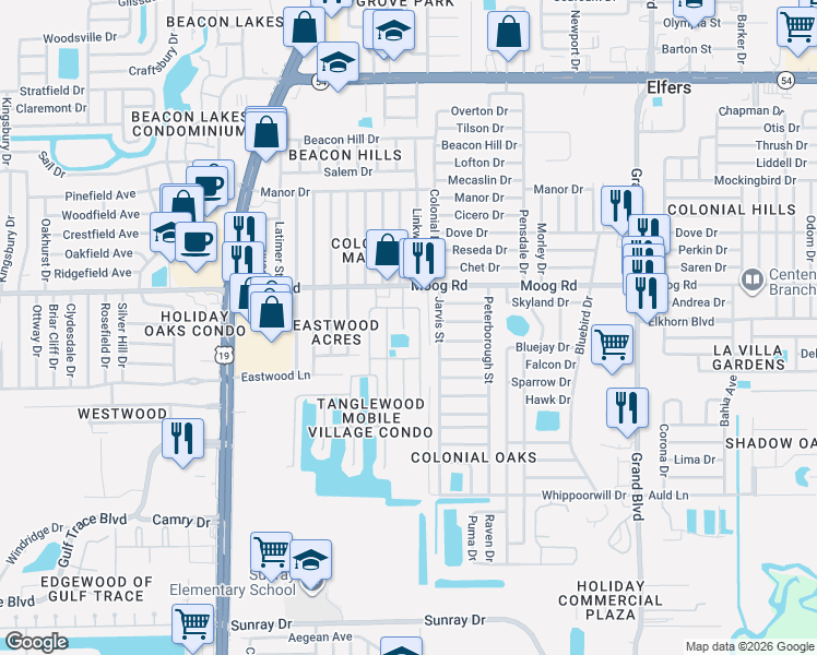 map of restaurants, bars, coffee shops, grocery stores, and more near 3420 Courtney Drive in Holiday