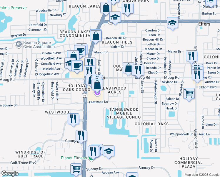 map of restaurants, bars, coffee shops, grocery stores, and more near 3402 Blayton Street in Holiday