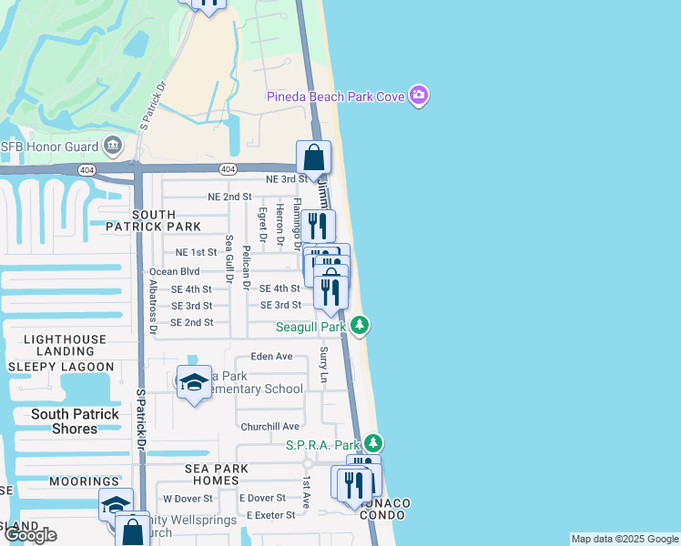 map of restaurants, bars, coffee shops, grocery stores, and more near 199 Florida A1A in Satellite Beach