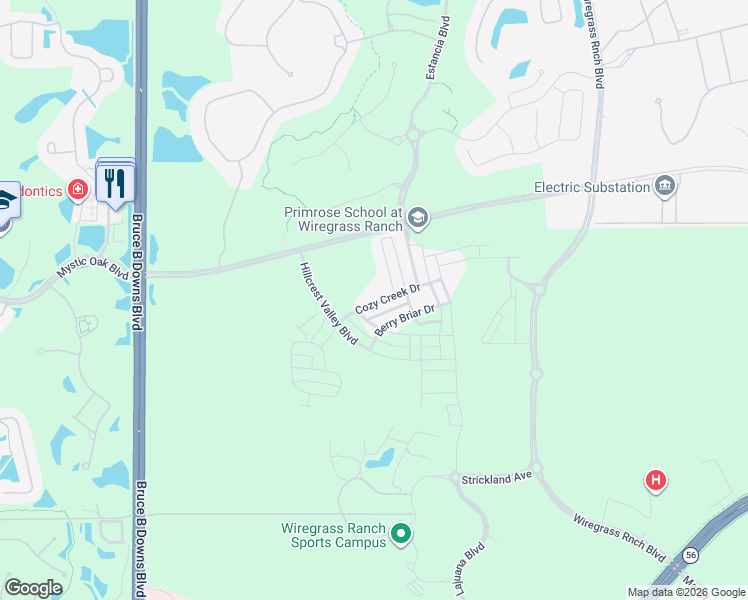 map of restaurants, bars, coffee shops, grocery stores, and more near 28599 Cozy Creek Drive in Wesley Chapel