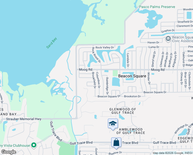 map of restaurants, bars, coffee shops, grocery stores, and more near 3434 Columbus Drive in Holiday