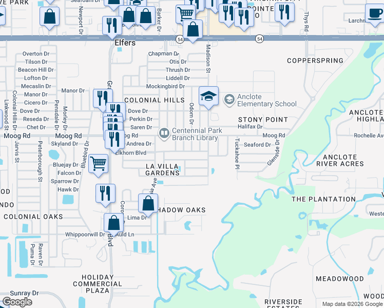 map of restaurants, bars, coffee shops, grocery stores, and more near 5906 Elkhorn Boulevard in Holiday