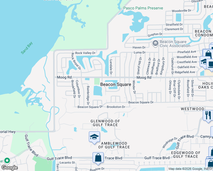 map of restaurants, bars, coffee shops, grocery stores, and more near 3449 Norland Court in Holiday