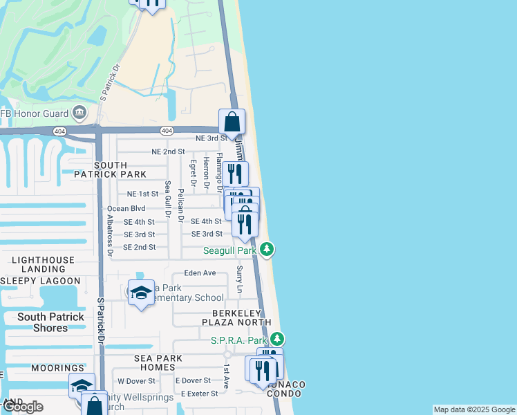 map of restaurants, bars, coffee shops, grocery stores, and more near 199 Florida A1A in Satellite Beach