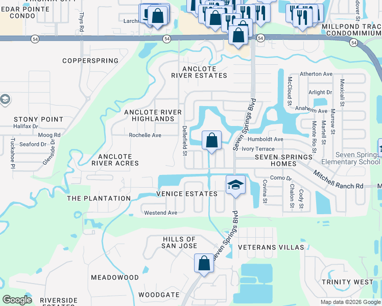 map of restaurants, bars, coffee shops, grocery stores, and more near 7033 Vallejo Way in New Port Richey