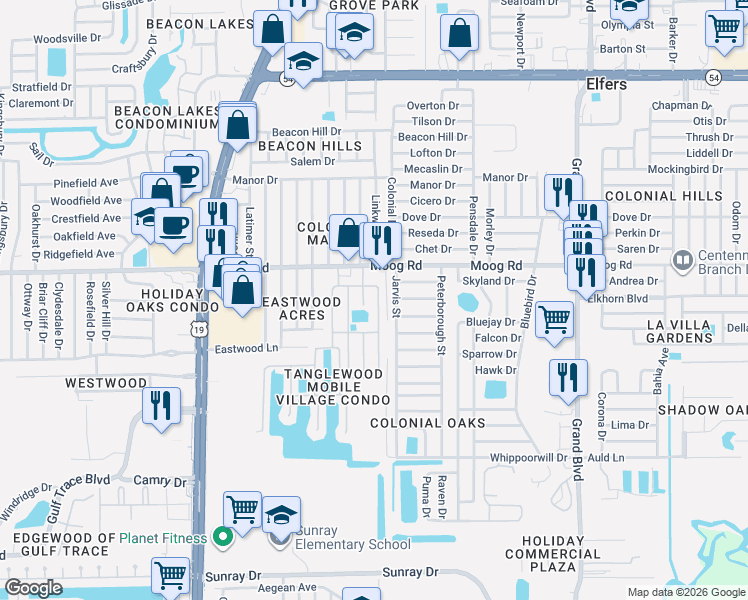 map of restaurants, bars, coffee shops, grocery stores, and more near 3405 Lanark Drive in Holiday