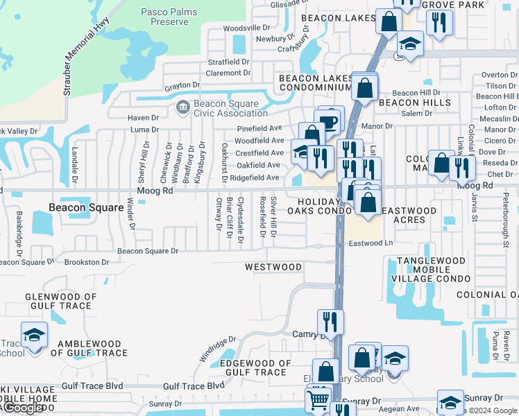map of restaurants, bars, coffee shops, grocery stores, and more near 3427 Rosefield Drive in Holiday