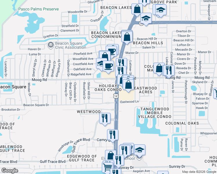 map of restaurants, bars, coffee shops, grocery stores, and more near 3415 Tricon Lane in Holiday
