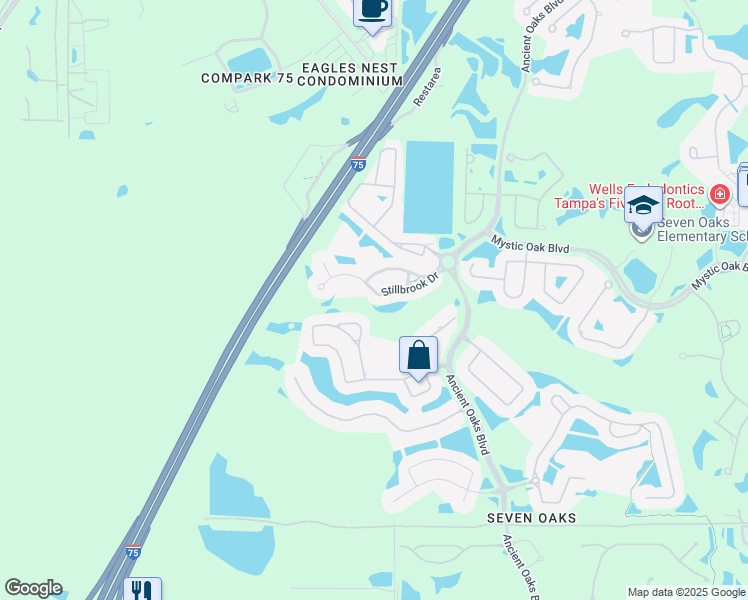 map of restaurants, bars, coffee shops, grocery stores, and more near 26922 Stillbrook Drive in Wesley Chapel