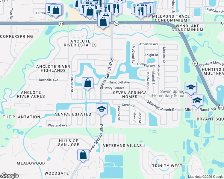 map of restaurants, bars, coffee shops, grocery stores, and more near 7413 Ivory Terrace in New Port Richey