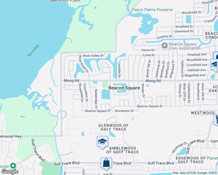 map of restaurants, bars, coffee shops, grocery stores, and more near 3350 Moog Road in Holiday