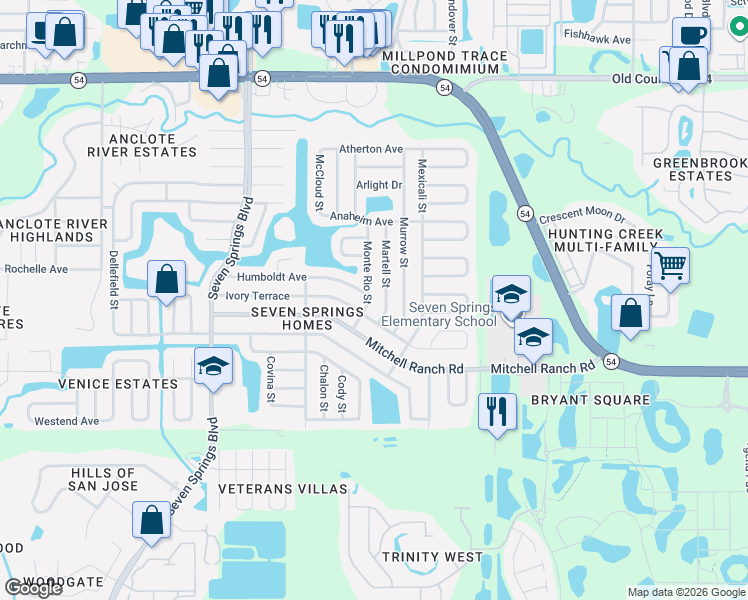 map of restaurants, bars, coffee shops, grocery stores, and more near 3426 Monte Rio Street in New Port Richey