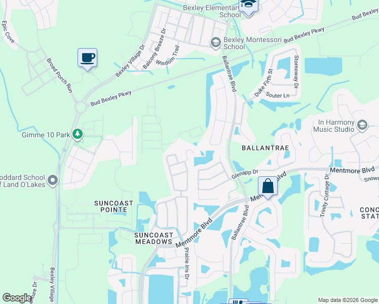 map of restaurants, bars, coffee shops, grocery stores, and more near 17438 Garden Heath Court in Land O' Lakes