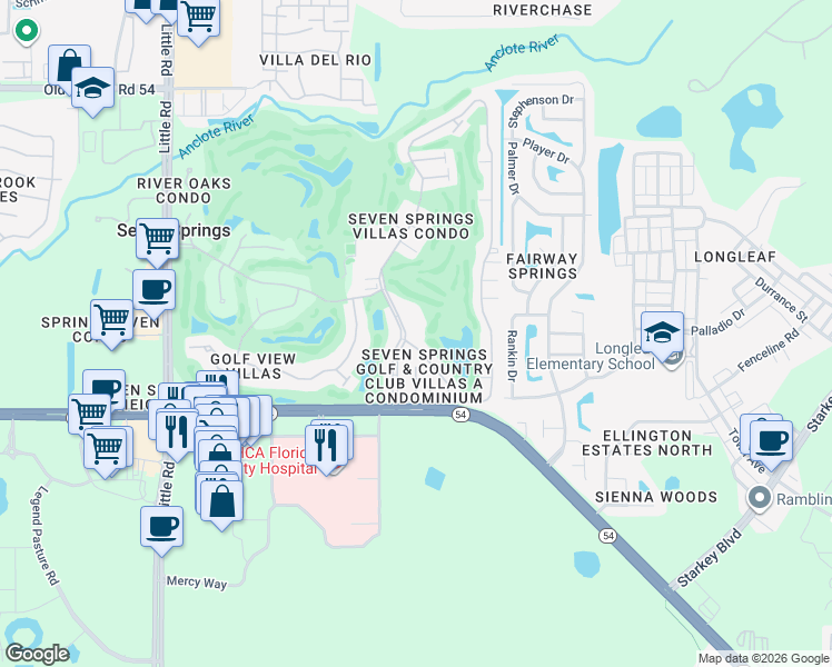 map of restaurants, bars, coffee shops, grocery stores, and more near 3404 Trophy Boulevard in New Port Richey