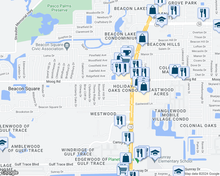 map of restaurants, bars, coffee shops, grocery stores, and more near 4313 Belleville Avenue in Holiday