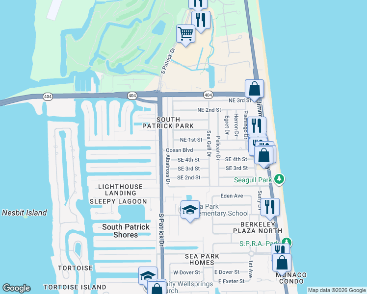 map of restaurants, bars, coffee shops, grocery stores, and more near 222 Northeast 1st Street in Satellite Beach