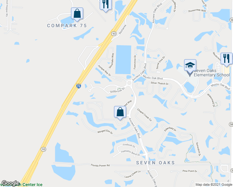 map of restaurants, bars, coffee shops, grocery stores, and more near 27012 Stillbrook Drive in Wesley Chapel