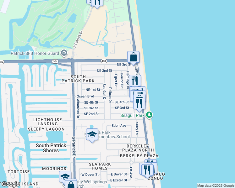 map of restaurants, bars, coffee shops, grocery stores, and more near 135 Ocean Boulevard in Satellite Beach