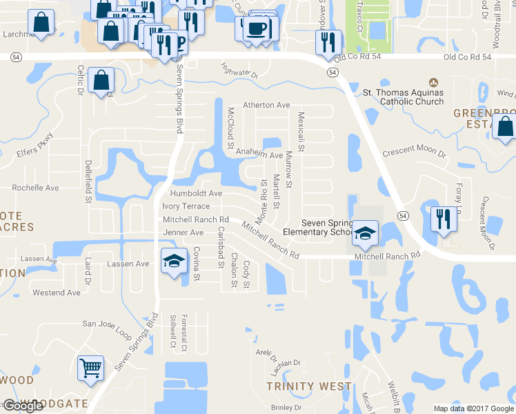 map of restaurants, bars, coffee shops, grocery stores, and more near 7644 Humboldt Avenue in New Port Richey