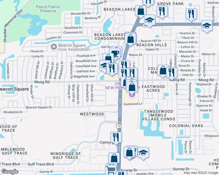 map of restaurants, bars, coffee shops, grocery stores, and more near 3426 Pinehurst Drive in Holiday
