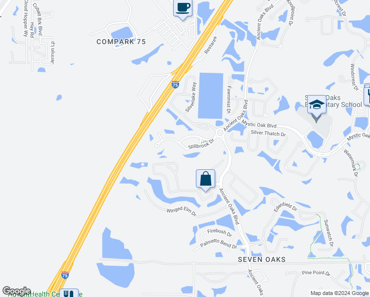 map of restaurants, bars, coffee shops, grocery stores, and more near 26922 Stillbrook Drive in Wesley Chapel
