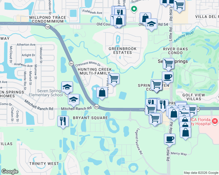 map of restaurants, bars, coffee shops, grocery stores, and more near 3523 Foray Lane in New Port Richey