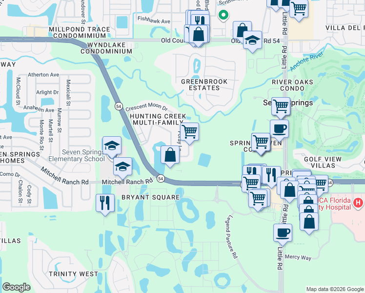 map of restaurants, bars, coffee shops, grocery stores, and more near 3514 Foray Lane in New Port Richey
