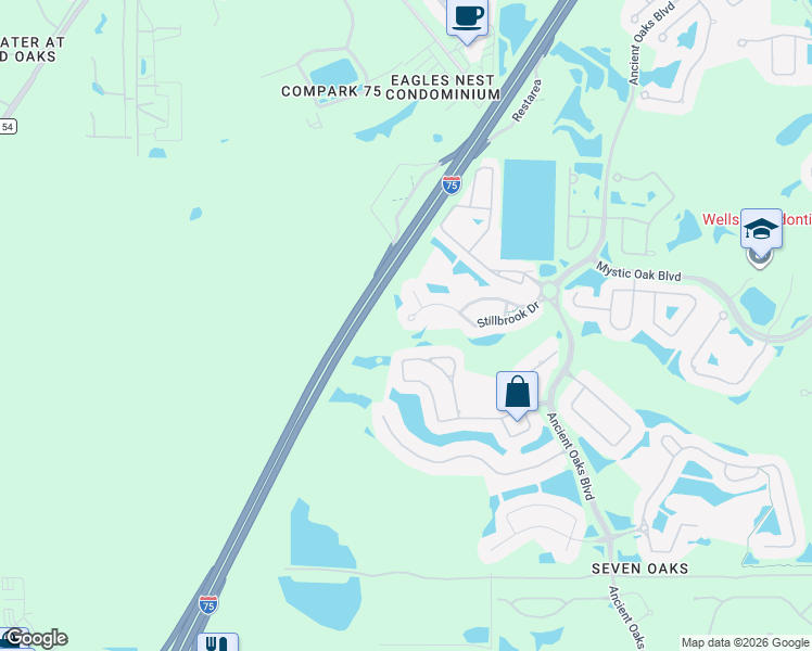 map of restaurants, bars, coffee shops, grocery stores, and more near 26748 Stillbrook Drive in Wesley Chapel