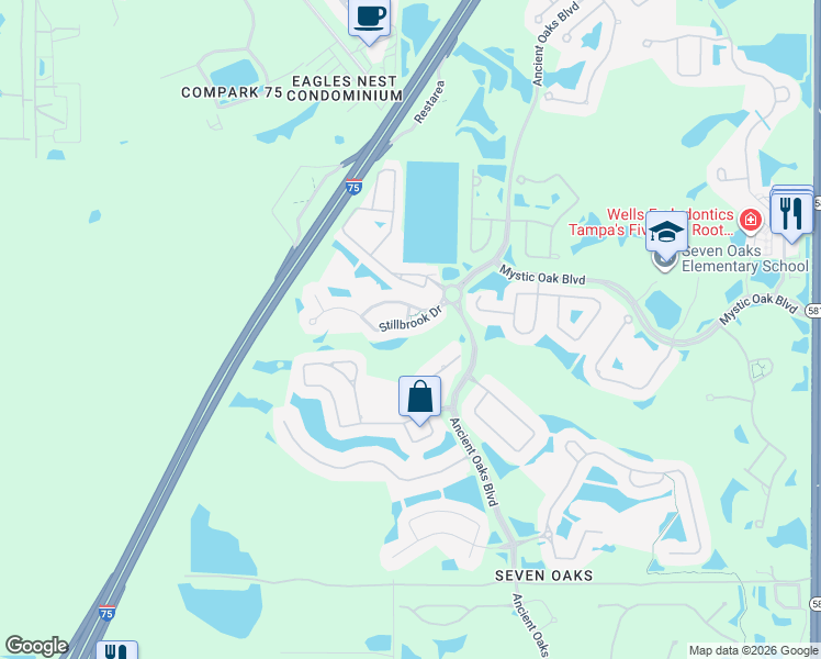 map of restaurants, bars, coffee shops, grocery stores, and more near 27016 Stillbrook Drive in Wesley Chapel