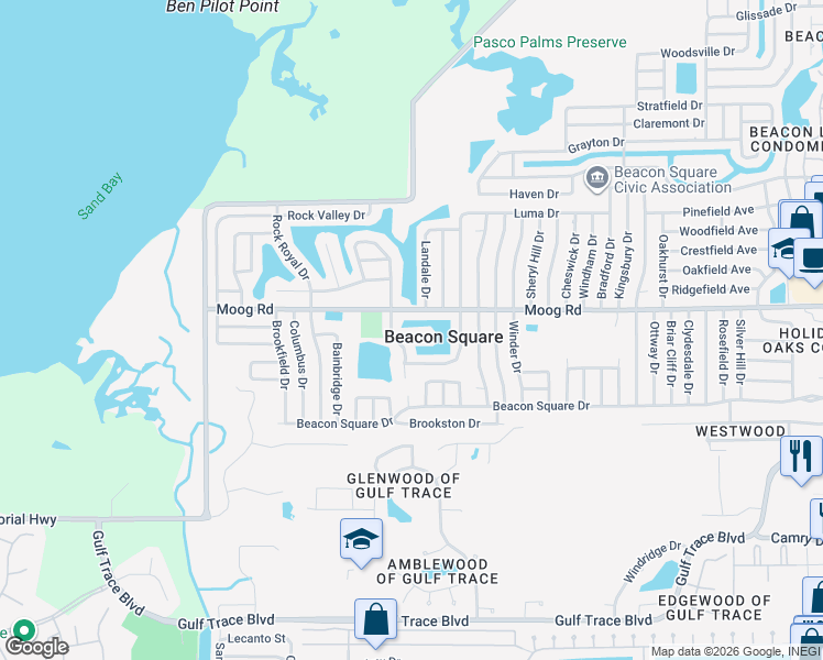 map of restaurants, bars, coffee shops, grocery stores, and more near 3449 Norland Court in Holiday
