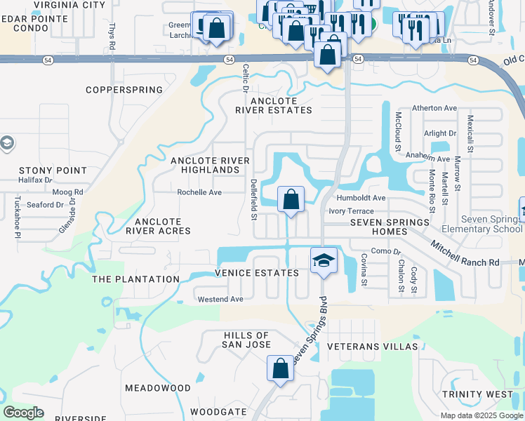 map of restaurants, bars, coffee shops, grocery stores, and more near 7033 Vallejo Way in New Port Richey