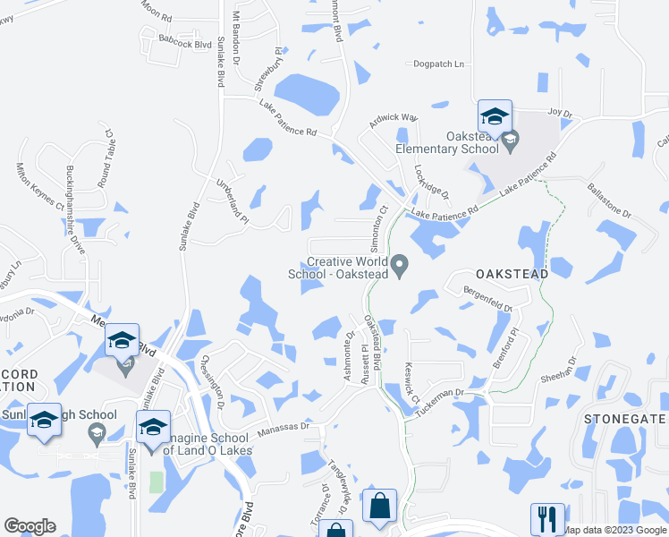 map of restaurants, bars, coffee shops, grocery stores, and more near 19331 Haskell Place in Land O' Lakes