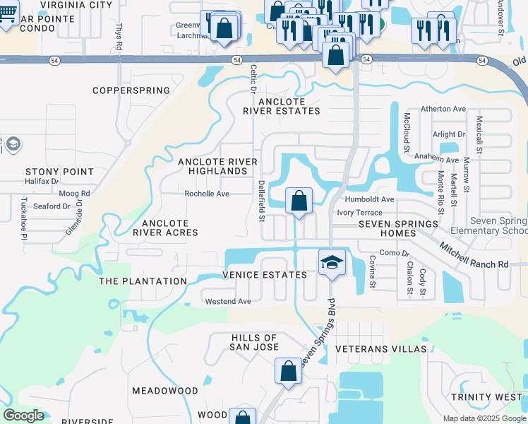 map of restaurants, bars, coffee shops, grocery stores, and more near 7033 Vallejo Way in New Port Richey