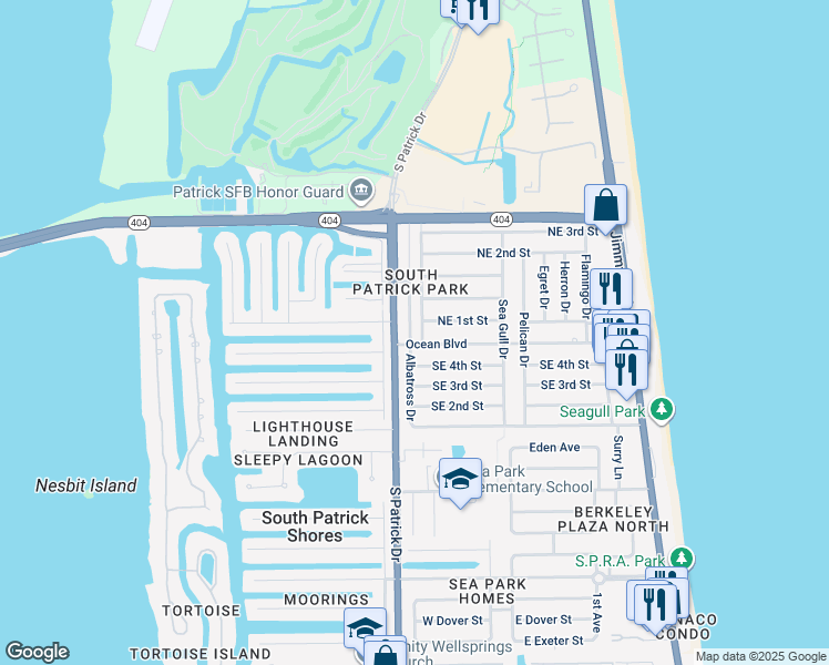 map of restaurants, bars, coffee shops, grocery stores, and more near 110 Melaleuca Drive in Satellite Beach